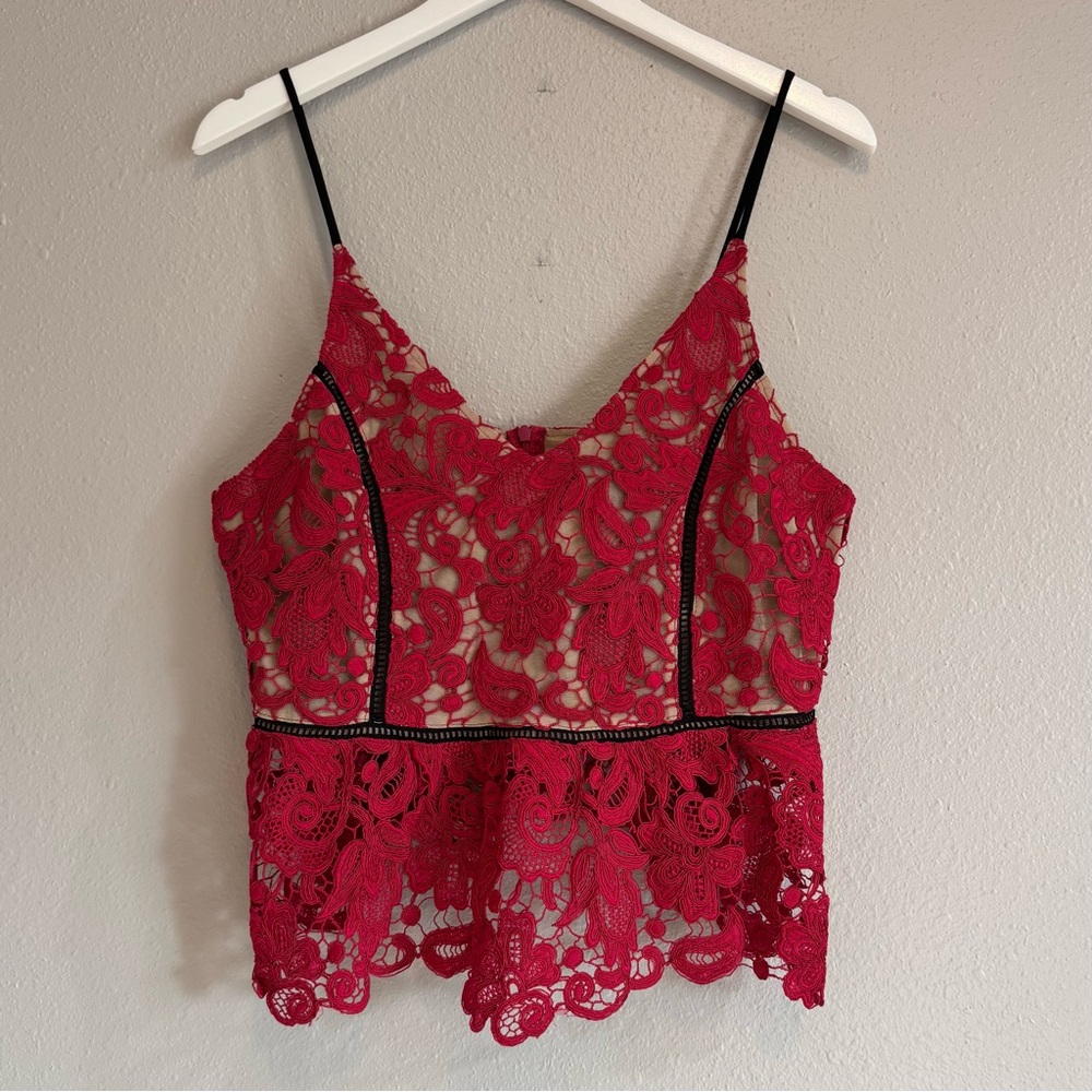 ABS by Allen Schwartz Magenta Floral Guipure Lace Peplum‎ Blouse M 2010’s Core